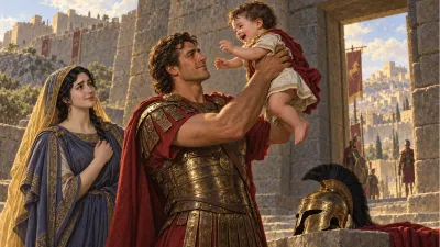 Beside the stone archway of a fortress gate, a broad-shouldered Trojan warrior in bronze armor has placed his fearsome crested helmet on the ground to gently lift his infant baby boy into the air, while his beautiful dark-haired wife in a slate-blue gown smiles through tears.