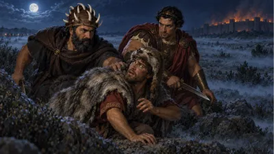 In a dimly moonlit, misty landscape strewn with rocks and slumbering sentries, a stocky Greek warrior wearing a wild boar-tusk helmet creeps forward with drawn sword, capturing a crouching scout draped in a grey wolf pelt.