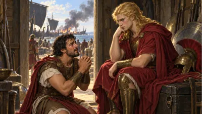 Inside a seaside camp near beached ships, a kind-faced warrior with dark curly hair weeps as he pleads with his tall, golden-haired companion who sits grim-faced on a carved bench, smoke from the burning ships visible in the distance.