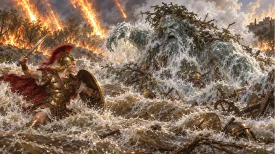 In a dramatic river valley, a golden-haired warrior in flashing bronze armor wades through churning, muddy waters, raising his sword against a towering wave shaped like a roaring river spirit, while sheets of divine fire sweep down from the sky to scorch the reed beds.