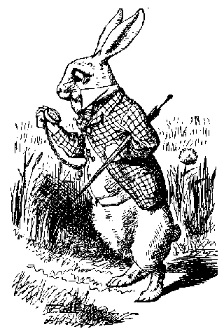 Victorian line engraving: a white rabbit standing upright in a checked waistcoat peers at a pocket watch as he hurries through tall grass.