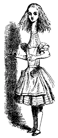 Victorian line engraving: a girl grown so tall that she fills the hall, her head near the ceiling and her feet far away below.