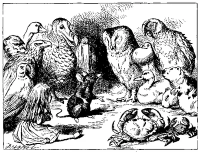 Victorian line engraving: a mouse addresses a ring of bedraggled birds and animals while a girl listens.
