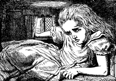 Victorian line engraving: a girl grown huge is folded inside a small room, one arm out of the window and a foot up the chimney.