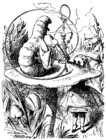Victorian line engraving: a large caterpillar smoking a hookah sits atop a mushroom while a girl looks up from below.