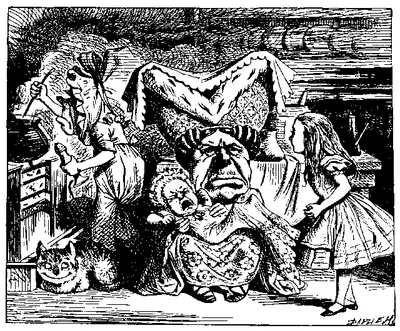 Victorian line engraving: a duchess holds a squalling baby while a cook stirs a pot, a grinning cat sits by the hearth and a girl watches.