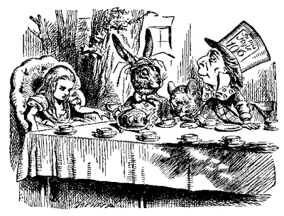 Victorian line engraving: a hatter, a hare and a sleeping dormouse crowd one end of a long tea table as a girl sits down.