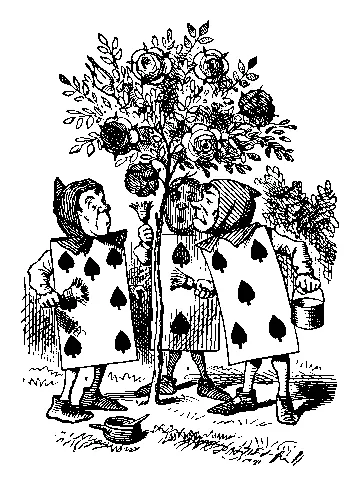 Victorian line engraving: three flat playing-card gardeners paint white roses red while a girl watches.