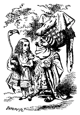 Victorian line engraving: a short duchess walks arm in arm with a girl who carries a flamingo.