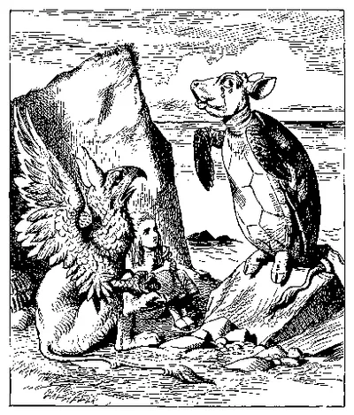 Victorian line engraving: a mock turtle and a gryphon sit on a shore beside a seated girl.