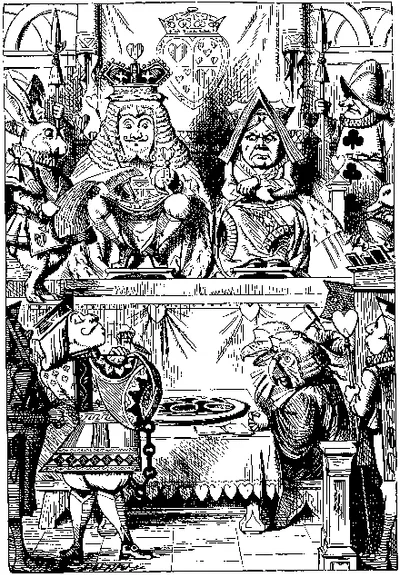 Victorian line engraving: a crowned king and queen sit in judgement above a table of tarts in a crowded courtroom.