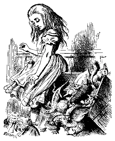 Victorian line engraving: a girl grown too large knocks over a jury box, spilling small animal jurors across the ground.