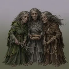 Portrait illustration of The Weird Sisters from Macbeth