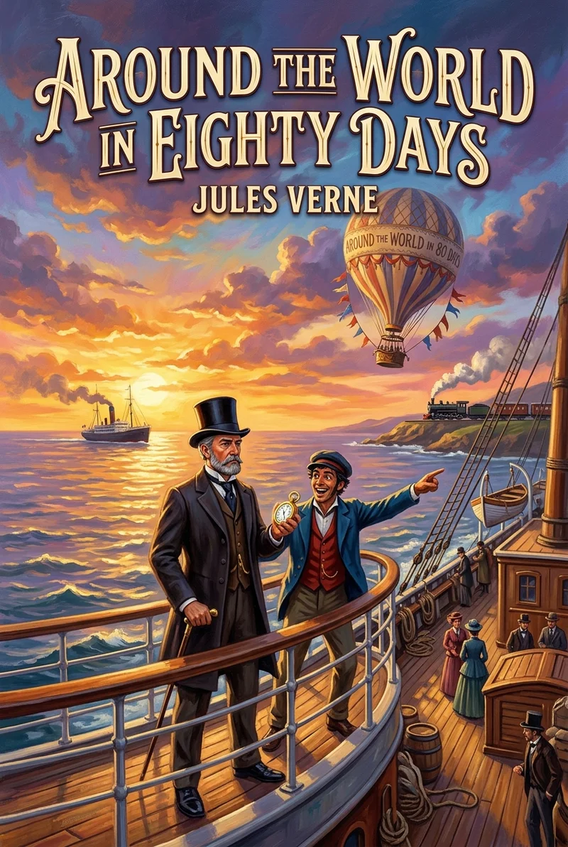 Cover illustration for the Around the World in Eighty Days novel study