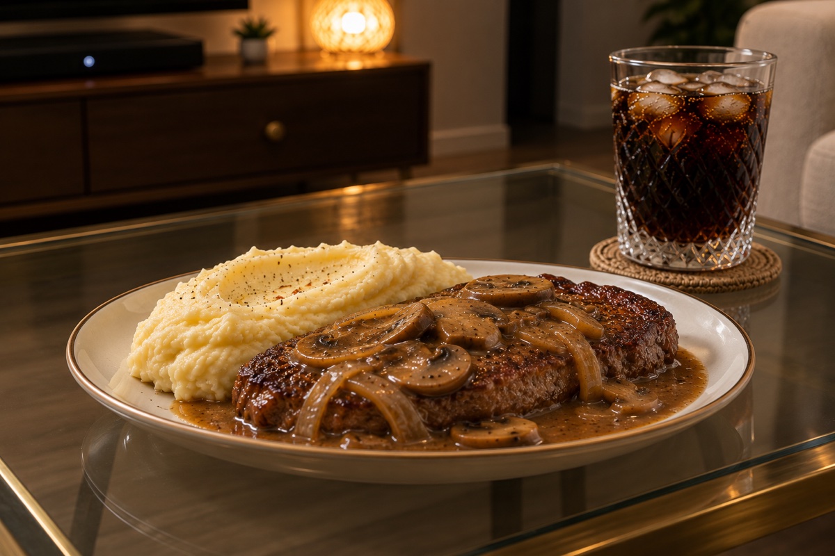 Steak with Creamy Mashed Potatoes & Onion Mushroom Gravy
