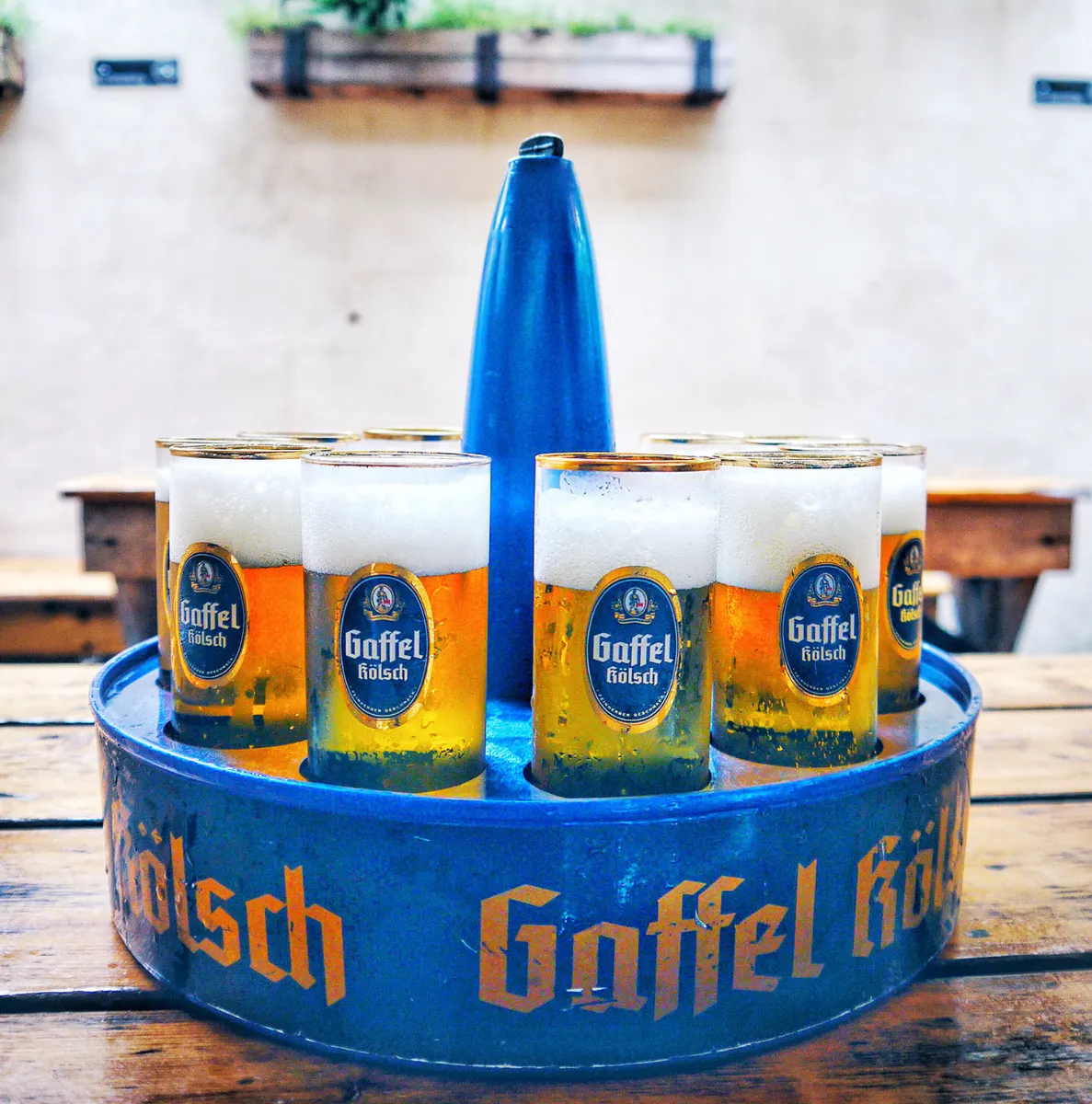 Kranz Kolsch, a tray of beers being served on a sunny day at Loreley Beer Garden