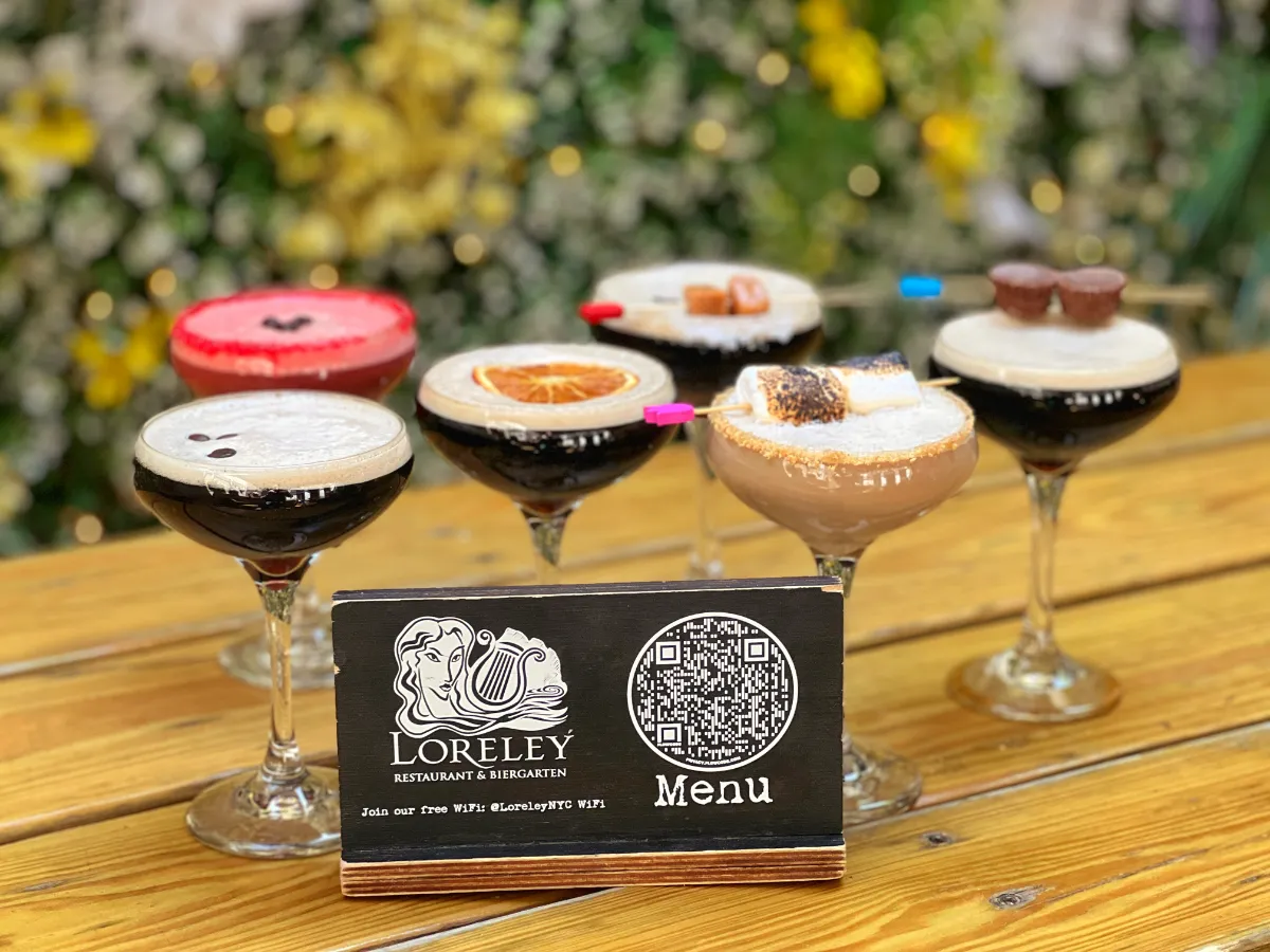 Assortment of delicious espresso martinis at Loreley Beer Garden in the Lower East Side, NYC 10002. Enjoy a variety of flavors like the S’mores Martini and Blood Orange Martini, perfect for gatherings and special events like birthdays or corporate functions. Located conveniently for residents in surrounding neighborhoods such