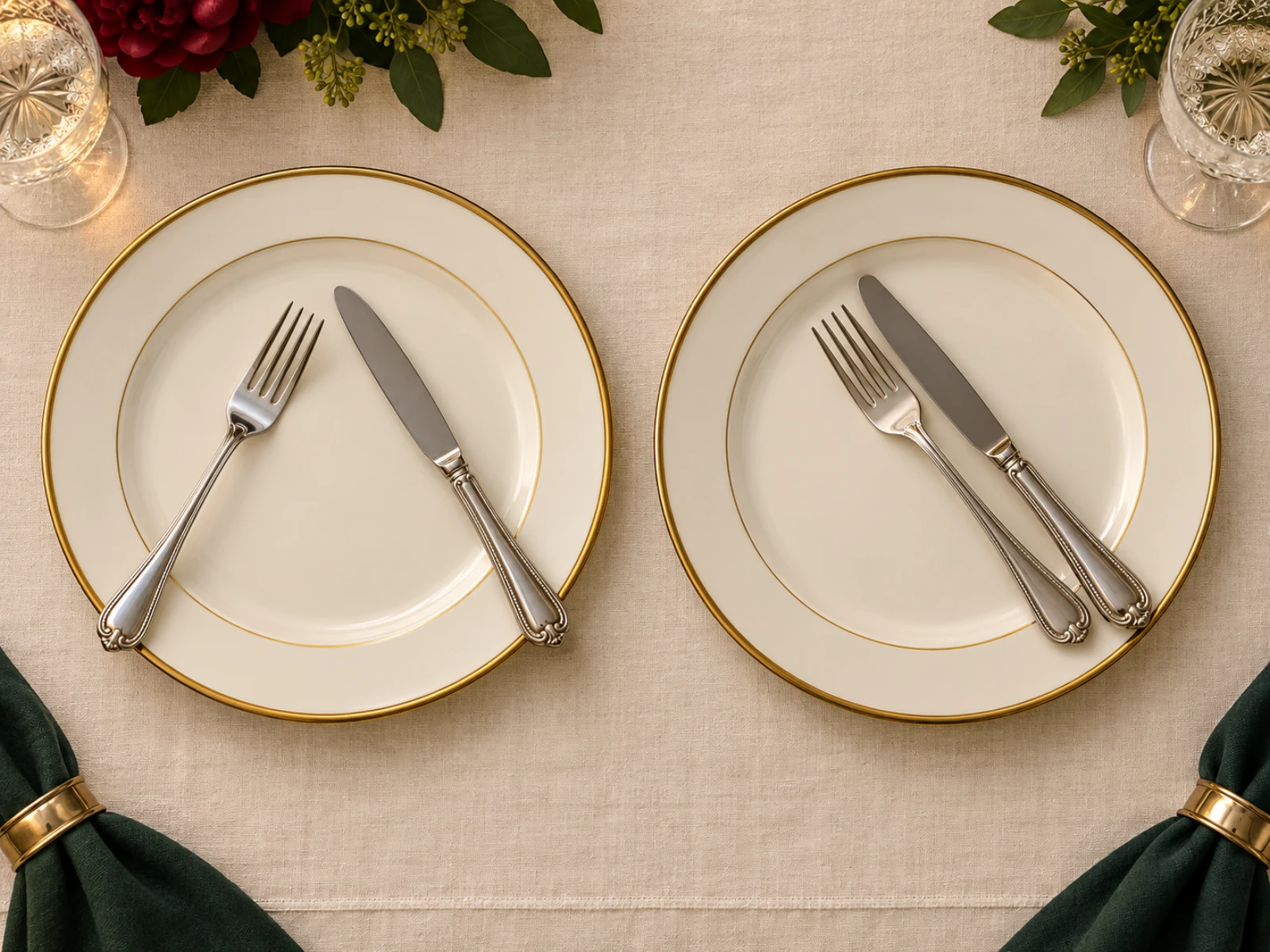 Two plates. On the left, the knife and fork rest in an inverted V, meaning “still eating.” On the right, they lie together at about four o’clock, meaning “finished.”