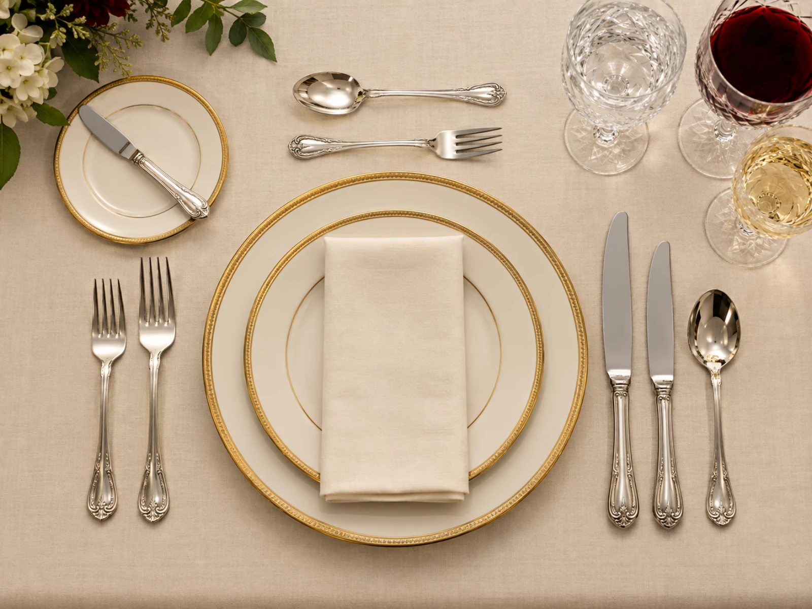 Top-down view of a full-course setting: charger and napkin in the center, two forks on the left, bread plate and butter knife at upper left, two knives and a soup spoon on the right, dessert spoon and fork across the top, water and wine glasses at upper right.
