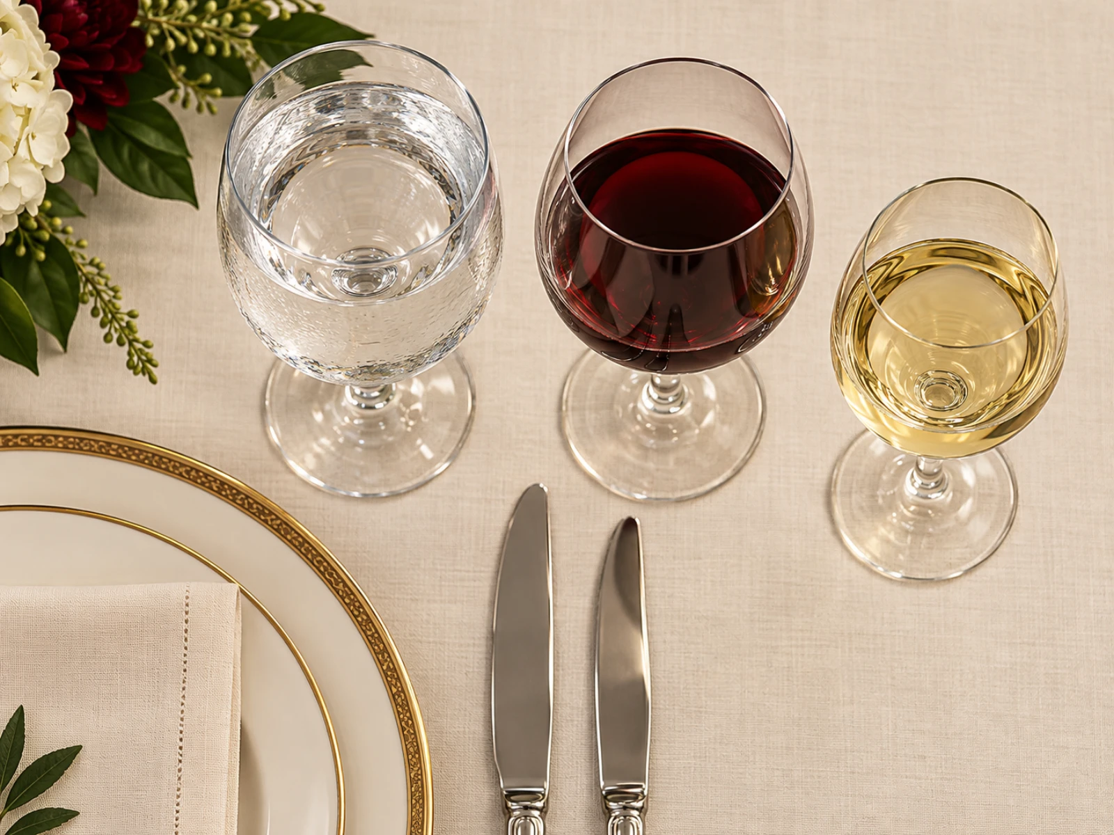 Close-up of the glasses at the upper right of a place setting: the knives at the front, a large water glass above them, a red wine glass to its right, and a white wine glass furthest right and slightly forward.