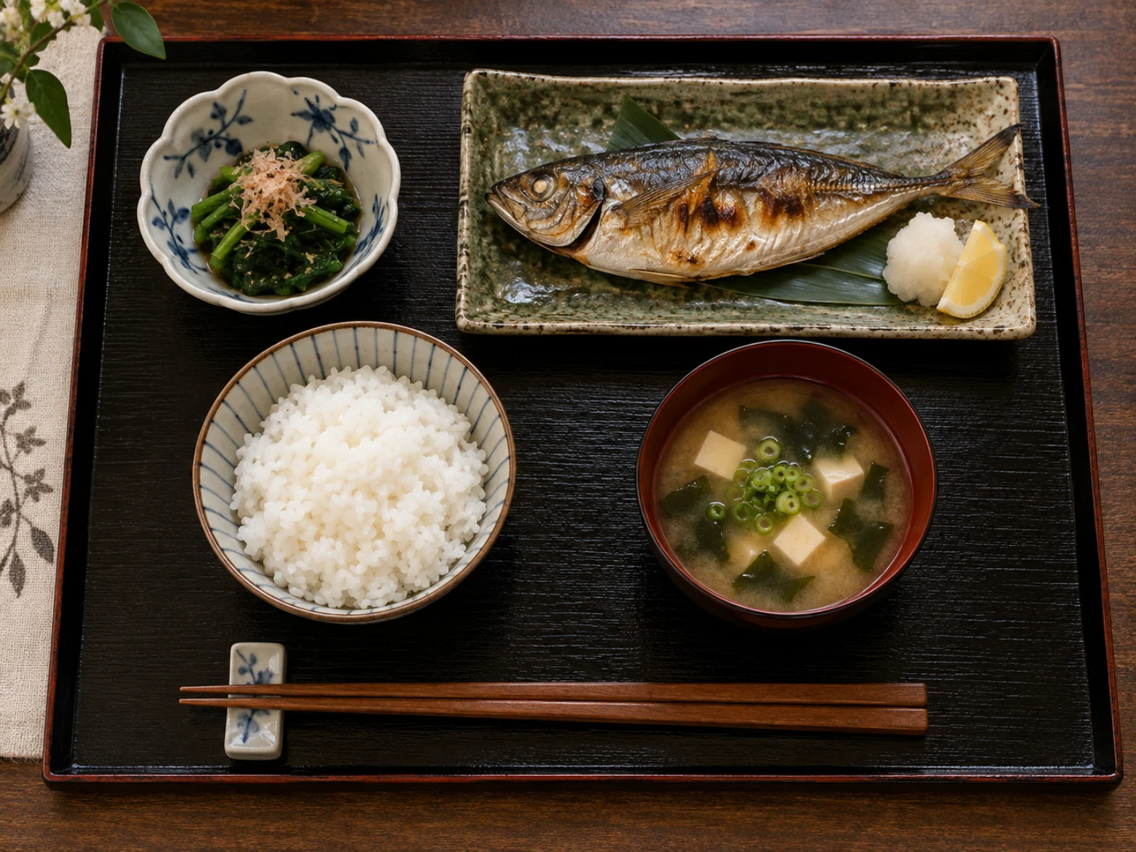 真上から見た和定食の膳。左手前にご飯茶碗、右手前に汁椀、右奥に頭を左に向けた焼き魚、左奥に小鉢。手前に箸置きと、箸先を左にして横向きに置いた箸。