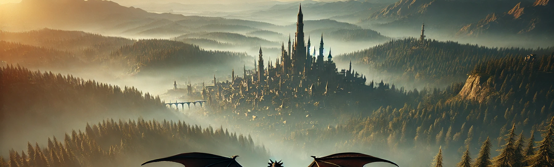 A fantasy landscape with mountains and a river.