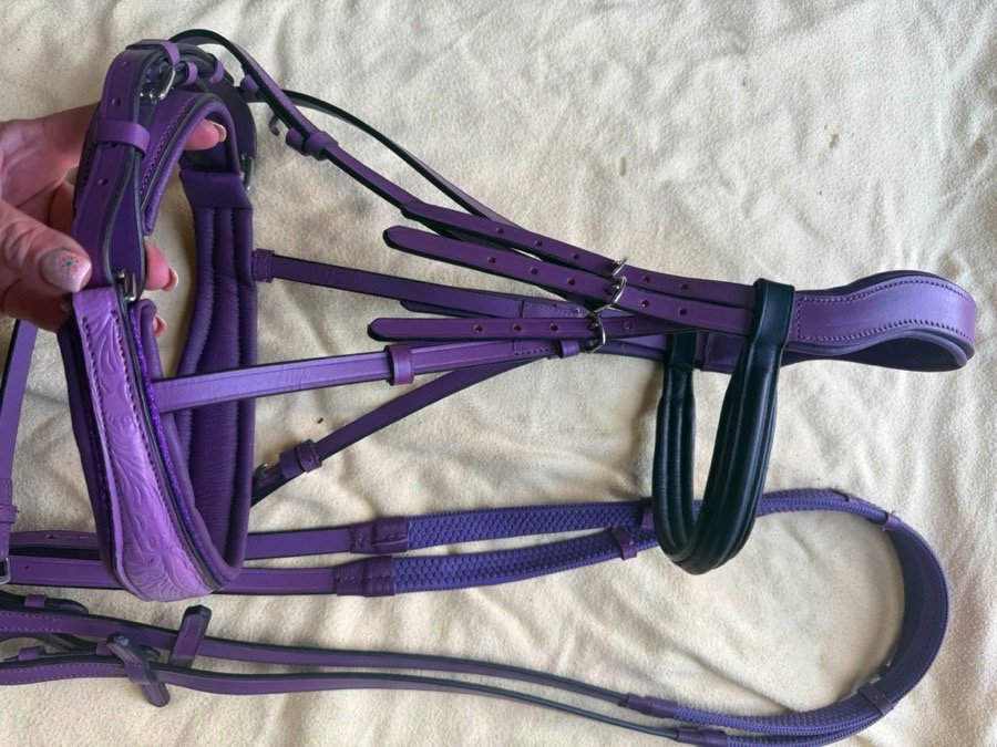 Purple and black cob bridle and reins