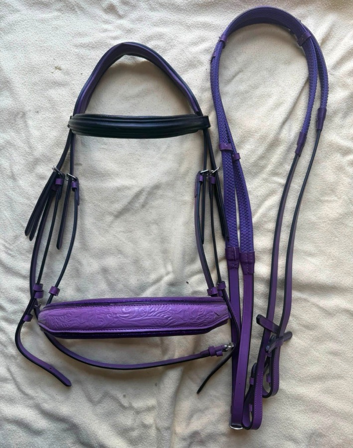 Purple and black cob bridle and reins