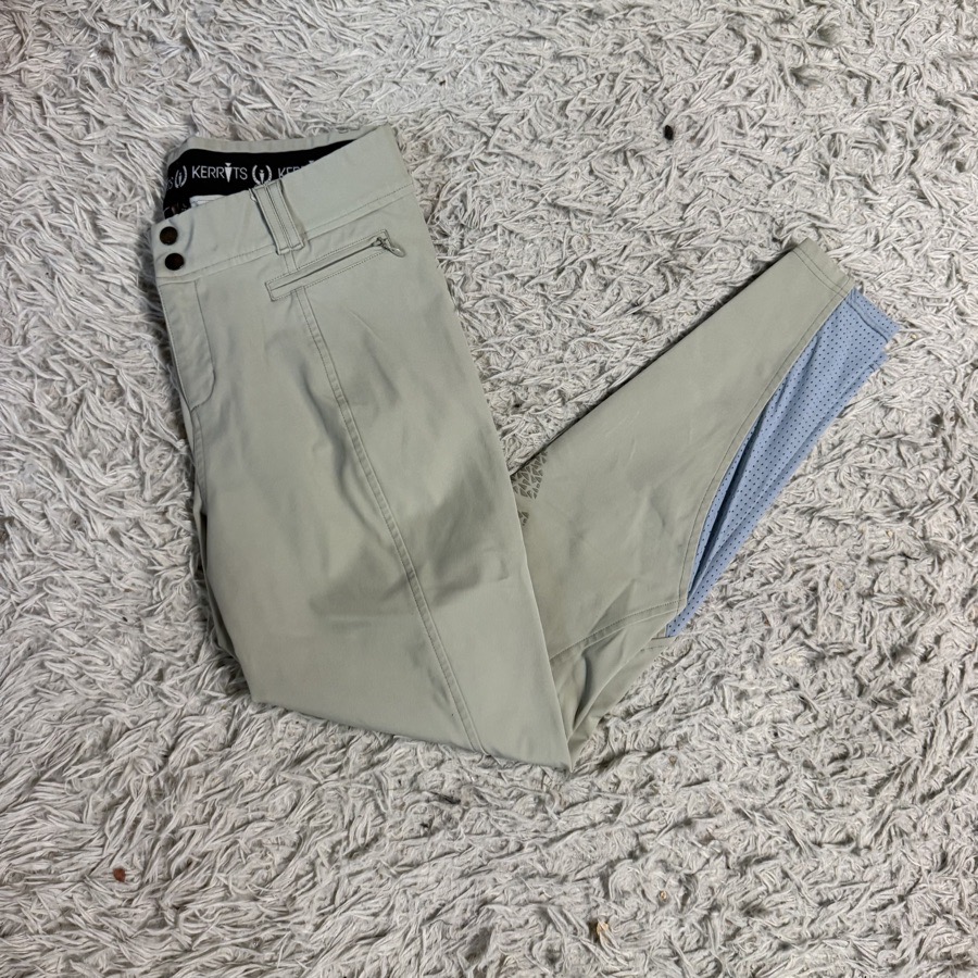 Women’s Large Tan Kerrits Knee Patch Horseback Riding Breeches. Staining shown.