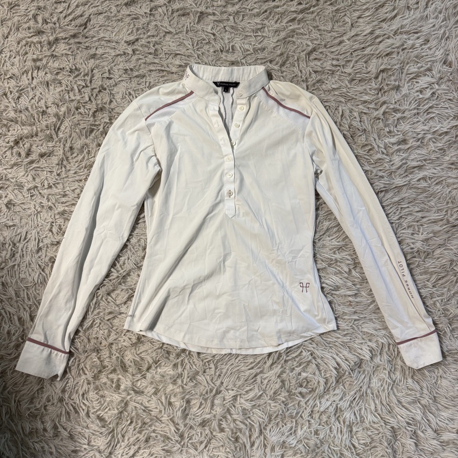 Women’s Small White Horse Pilot Long Sleeve Horseback Riding Show Shirt. Good Co