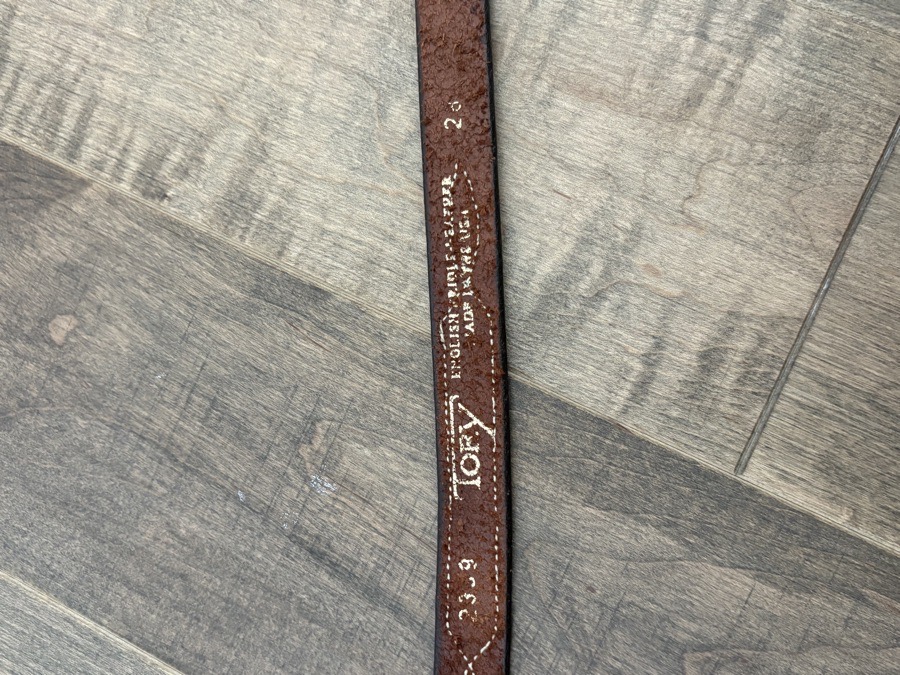 Tory leather 3/4” belt with stitched patterns and brass buckle