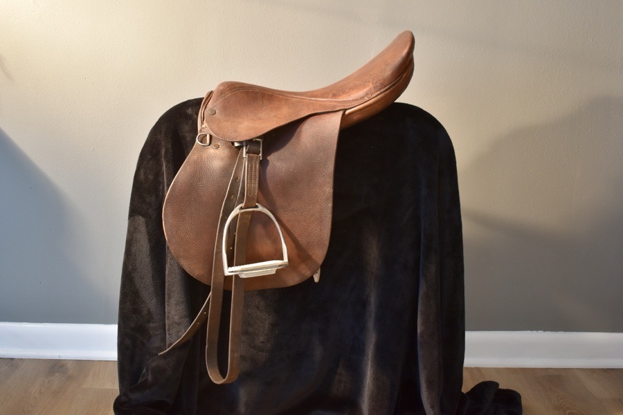 English Saddle including Stirrups. 16” seat, 10 lbs. Made in Argentina for Simco