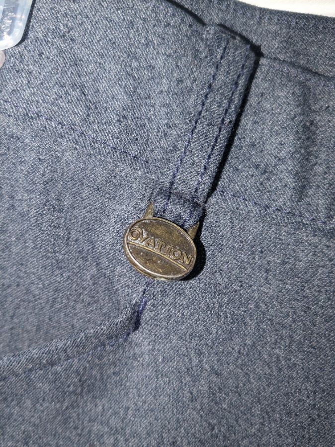 Ovation grey/blue side zip breeches, size 34L, no stains/tears!