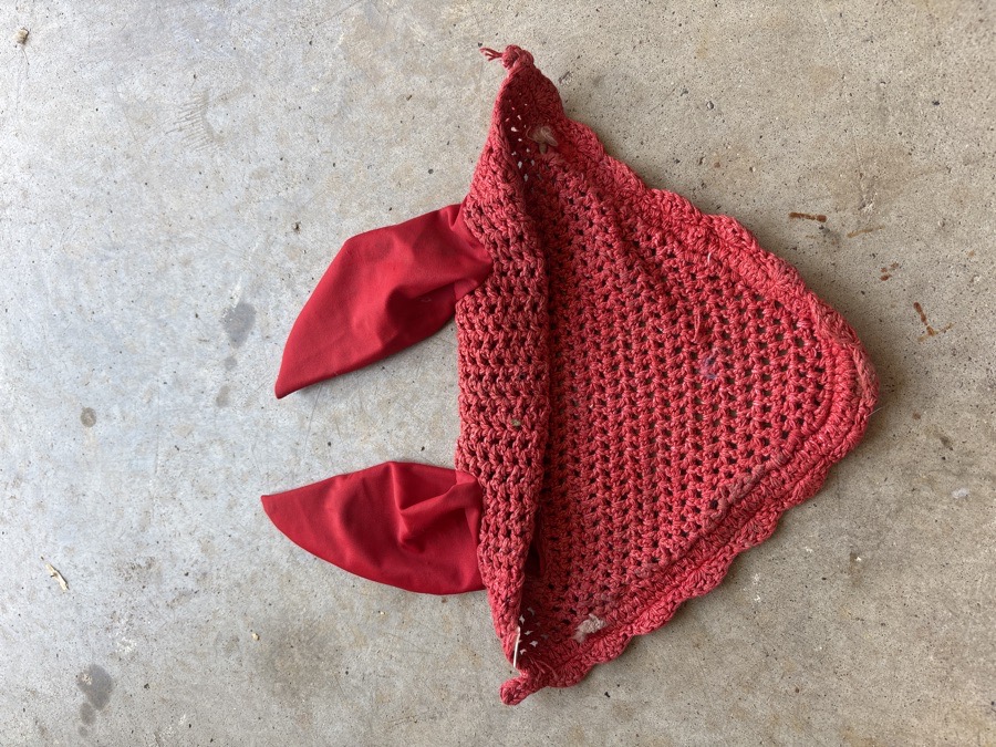 red crochet ear bonnet