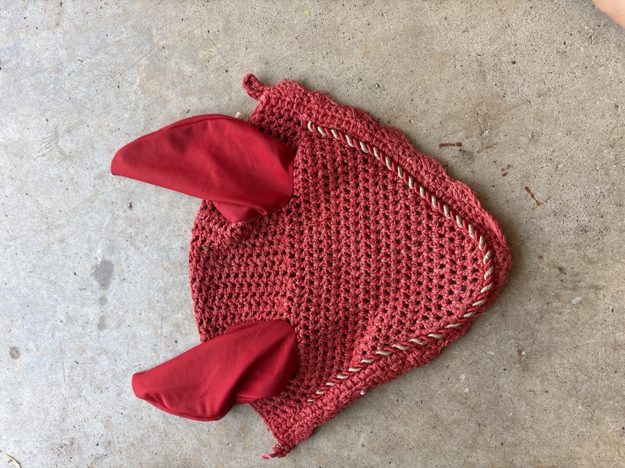 red crochet ear bonnet