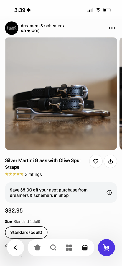 Dreamers & Scheamers Silver Martini Glass with Olive spur strap