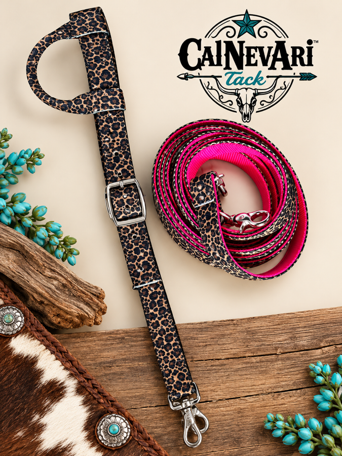 Leopard print one ear headstall and marching reins set