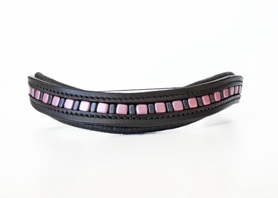 Pink & Black Beaded Leather Browband