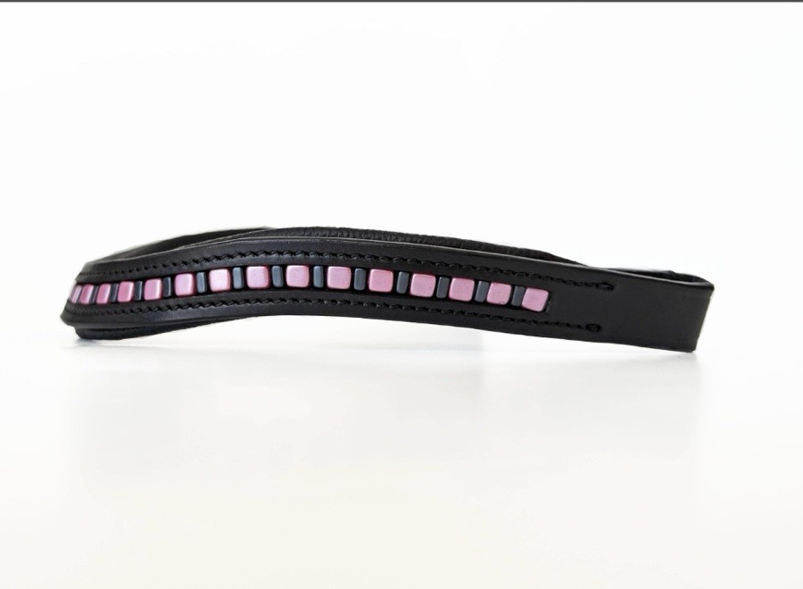 Pink & Black Beaded Leather Browband