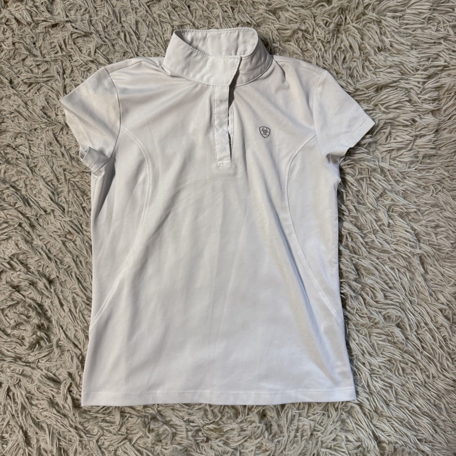 Girl’s Large White Ariat Short Sleeve Horseback Riding Show Shirt. Good Cond.