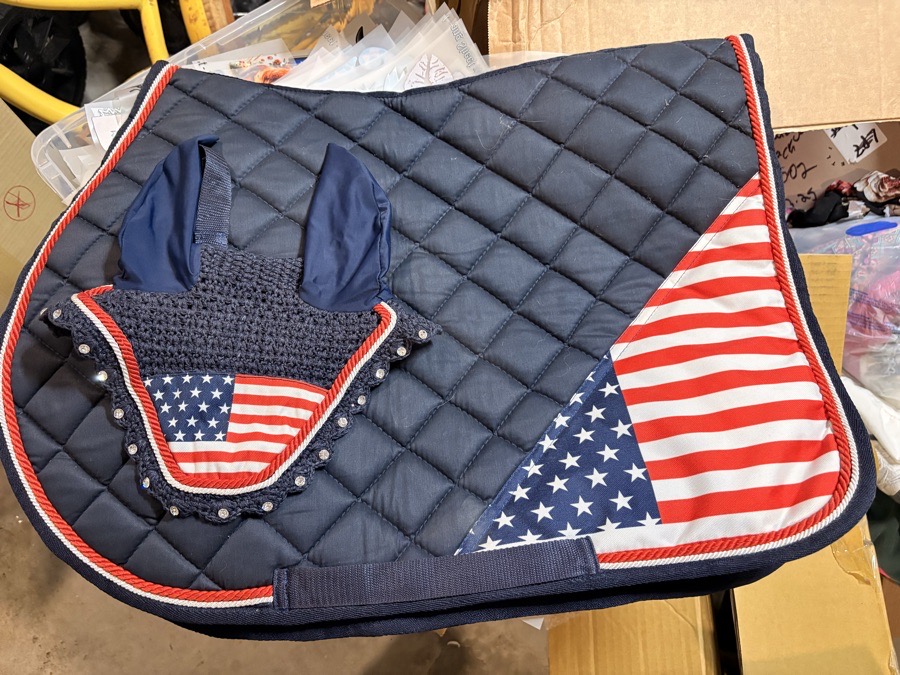 Red white and blue Ear Bonnet and saddle pad