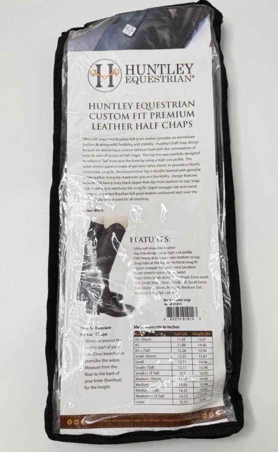 Huntley Equestrian Premium Leather Large Half Chaps English Riding Black