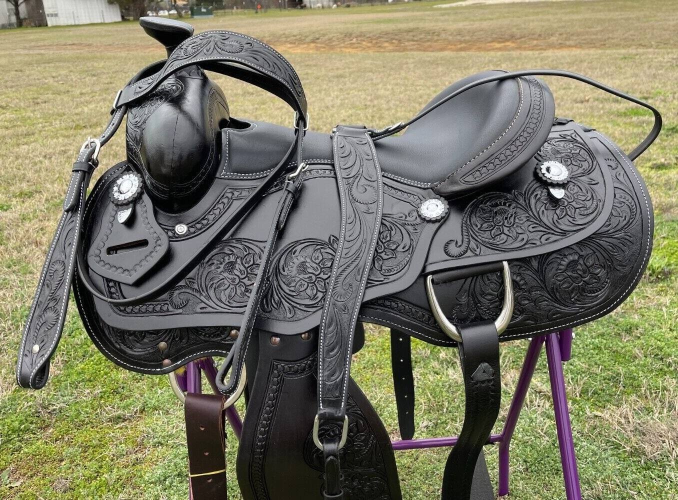 Black Western Argentinian Leather Horse Pleasure Saddle Free Tackset