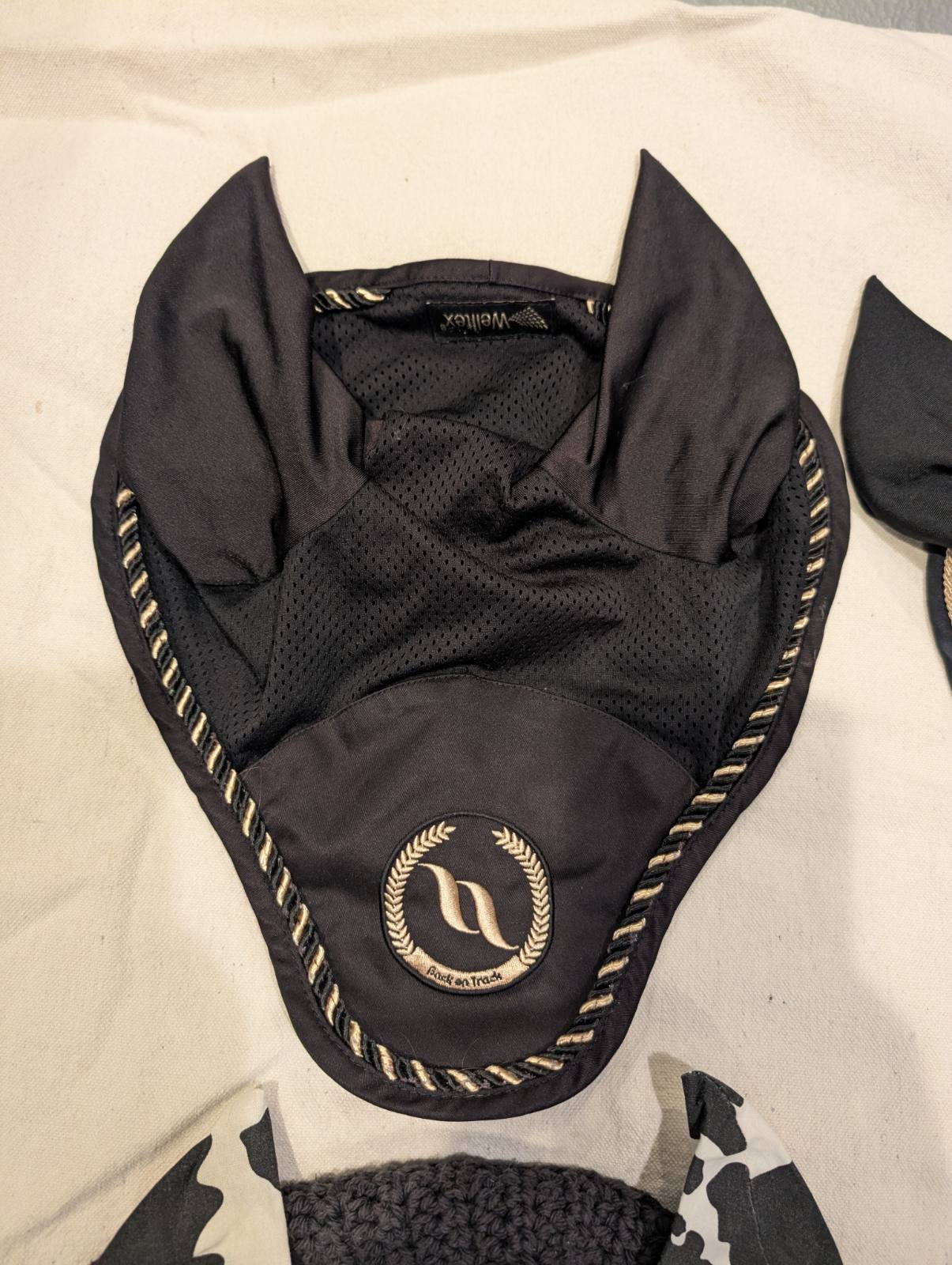 Back On Track and Hoof Tracks Ear Fly Bonnets Black Navy & Cow Prints