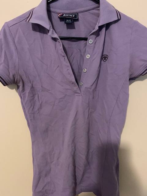 ARIAT Polo Quarter button down front, short sleeves. purple. Size XS