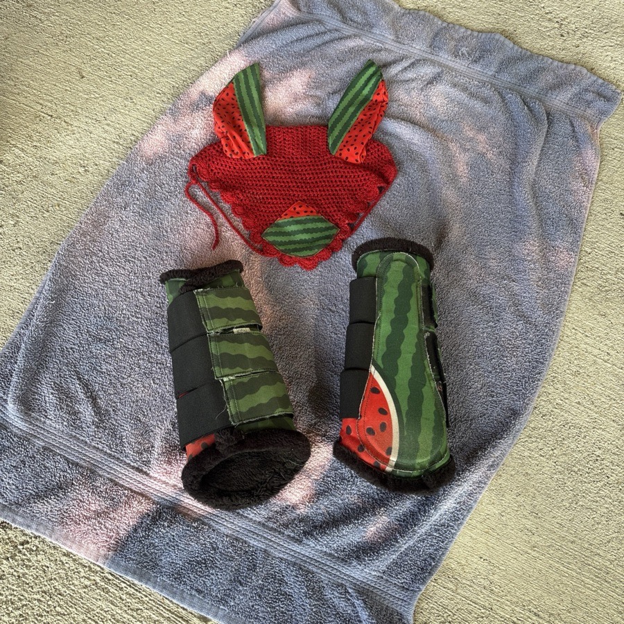 Cute Custom Watermelon Horse Fly Bonnet and Brushing Boot Set
