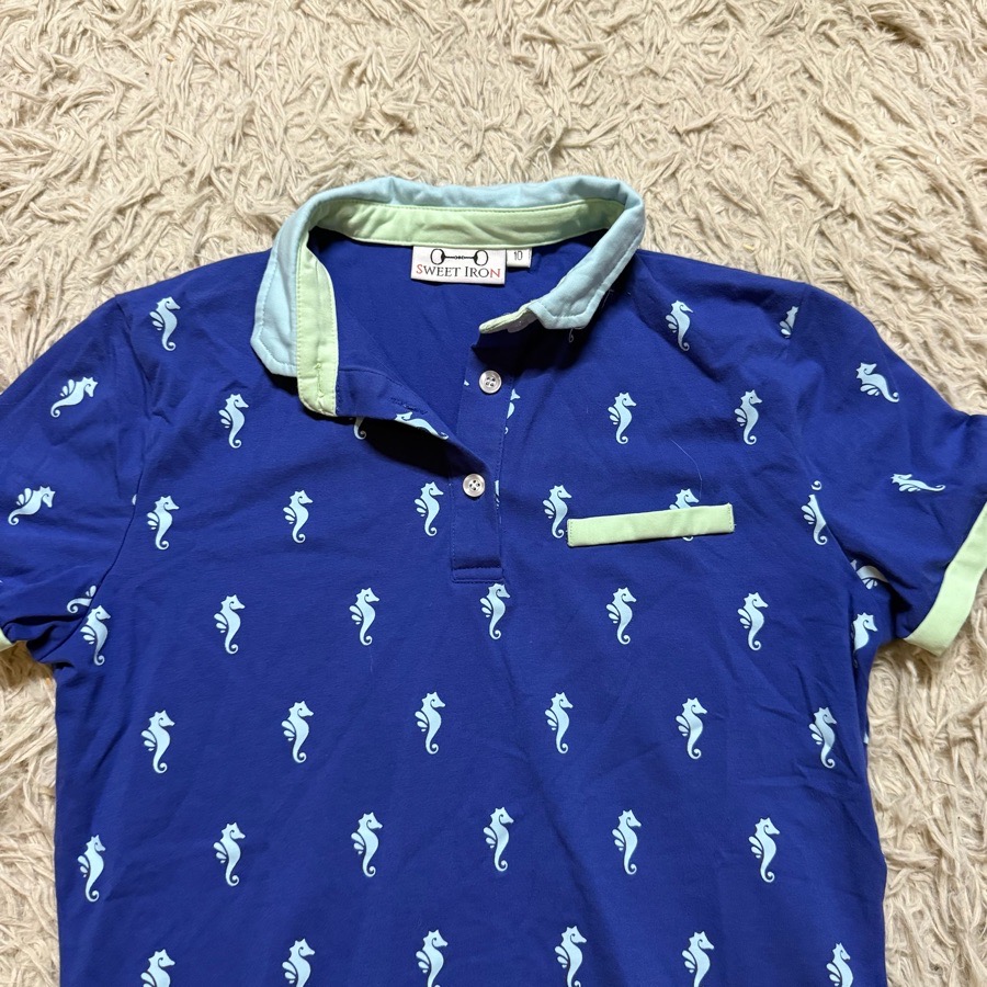 Women Size 10 Blue Seahorse Sweet Iron Short Sleeve Horseback Riding Polo Shirt