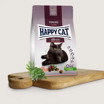 הפיקט | Happy Cat מזון יבש מלא לחתולים מסורסים/מעוקרות | סלמון אטלנטי, אפונה ורו