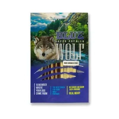 BLUE WOLF חטיף פרימיום לכלב – רצועות סנדוויץ ברווז ודג בקלה