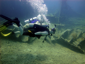 SCUBA divers and shipwreck